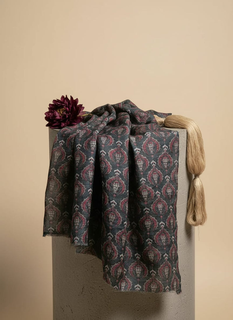 Navy Ethnic Damask Motif Pure Muslin Digital Printed Fabric