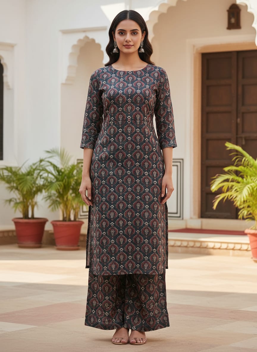 Navy Ethnic Damask Motif Pure Muslin Digital Printed Fabric