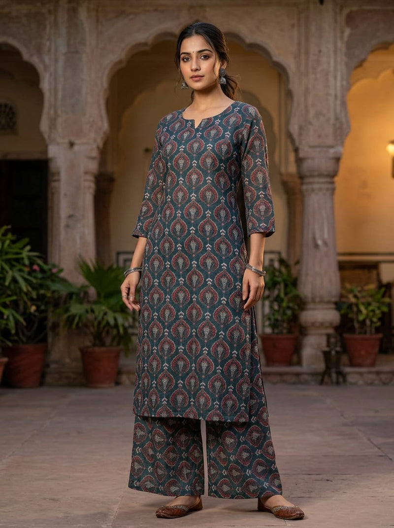 Navy Ethnic Damask Motif Pure Muslin Digital Printed Fabric