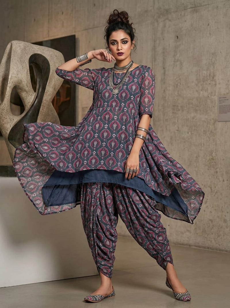 Navy Ethnic Damask Motif Pure Muslin Digital Printed Fabric