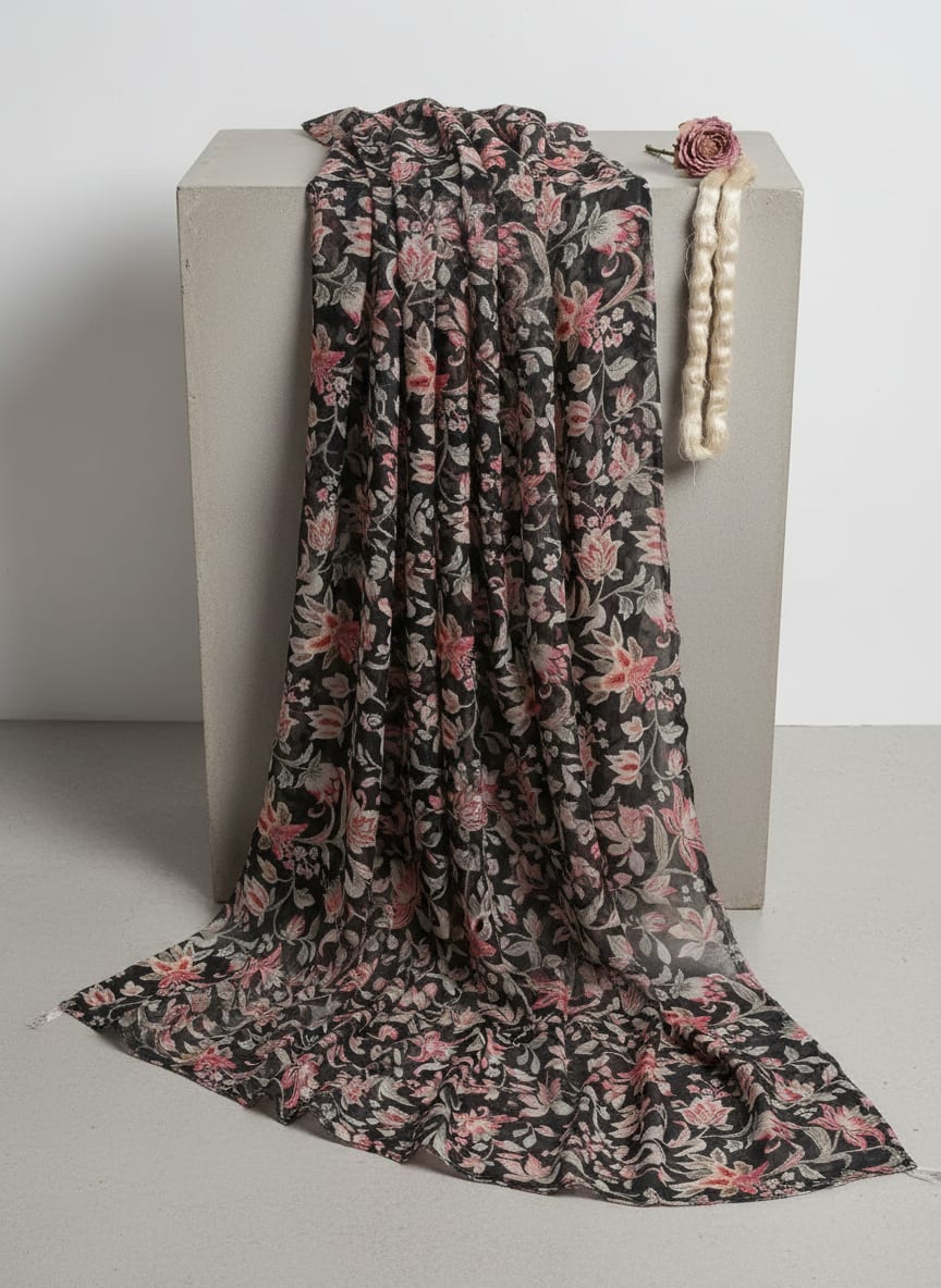 Black Vintage Floral Vine Pure Muslin Digital Printed Fabric