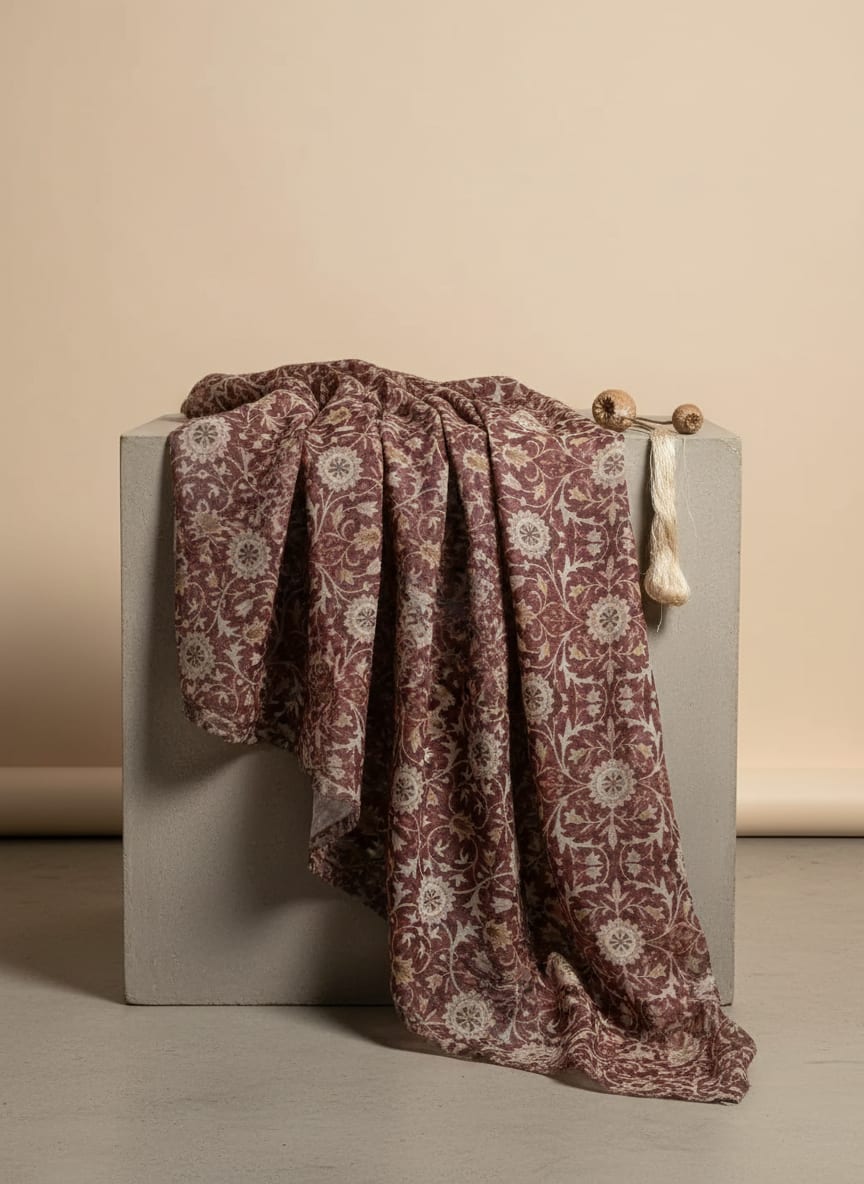 Maroon Vintage Botanical Damask Pure Muslin Digital Printed Fabric