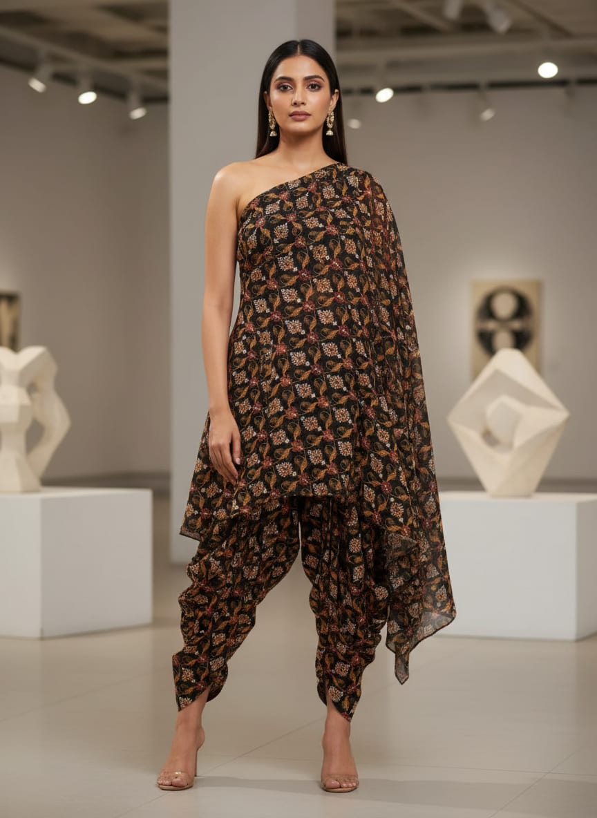 Black Ethnic Floral and Paisley Motif Upada Silk Digital Printed Fabric