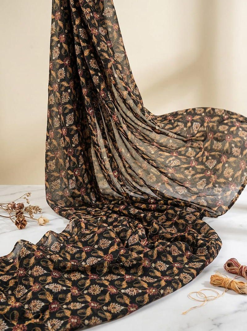 Black Ethnic Floral and Paisley Motif Upada Silk Digital Printed Fabric