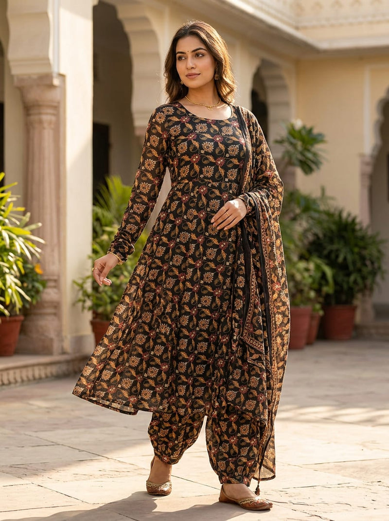 Black Ethnic Floral and Paisley Motif Upada Silk Digital Printed Fabric