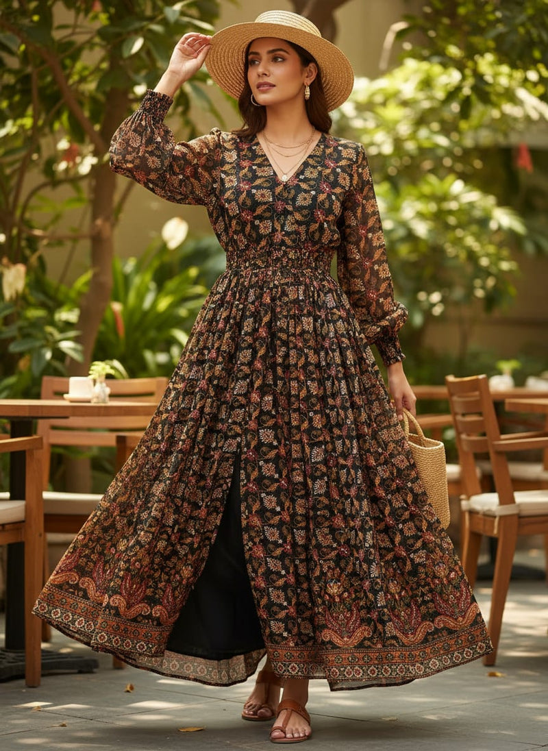 Black Ethnic Floral and Paisley Motif Upada Silk Digital Printed Fabric