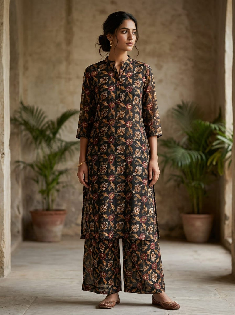 Black Ethnic Floral and Paisley Motif Upada Silk Digital Printed Fabric