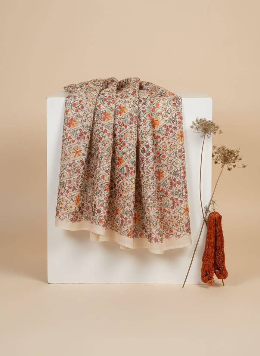Multicolor Ethnic Floral Lattice Print Pure Muslin Digital Printed Fabric