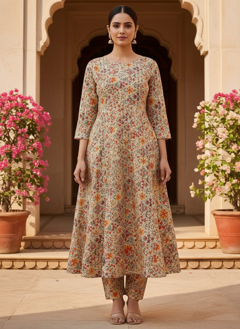 Multicolor Ethnic Floral Lattice Print Pure Muslin Digital Printed Fabric