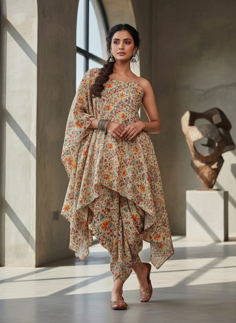 Multicolor Ethnic Floral Lattice Print Pure Muslin Digital Printed Fabric