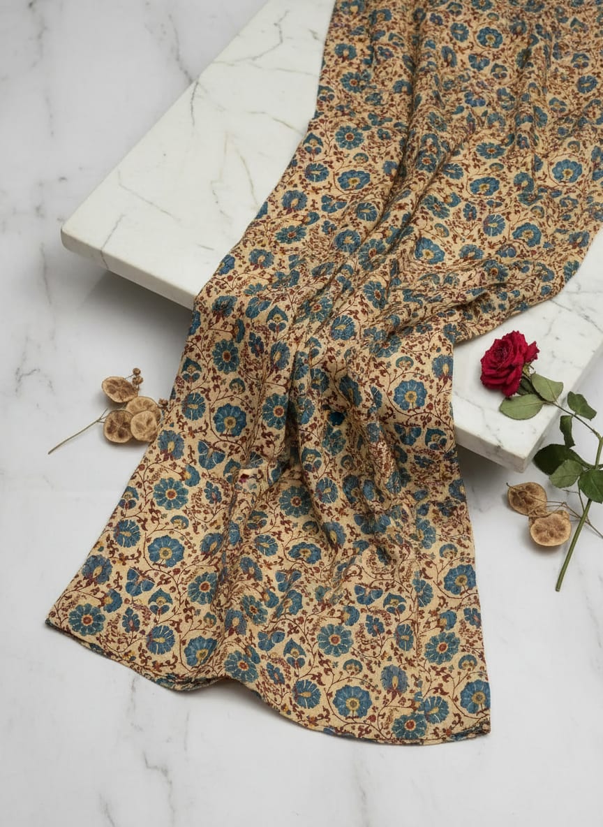 Cream Ethnic Floral Vine Pattern Pure Muslin Digital Printed Fabric