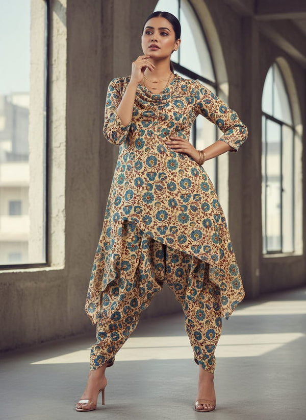 Cream Ethnic Floral Vine Pattern Pure Muslin Digital Printed Fabric - Asymmetric Tunic with Dhoti Pants Lookbook - PM-0-BA1001-151 - alternate view