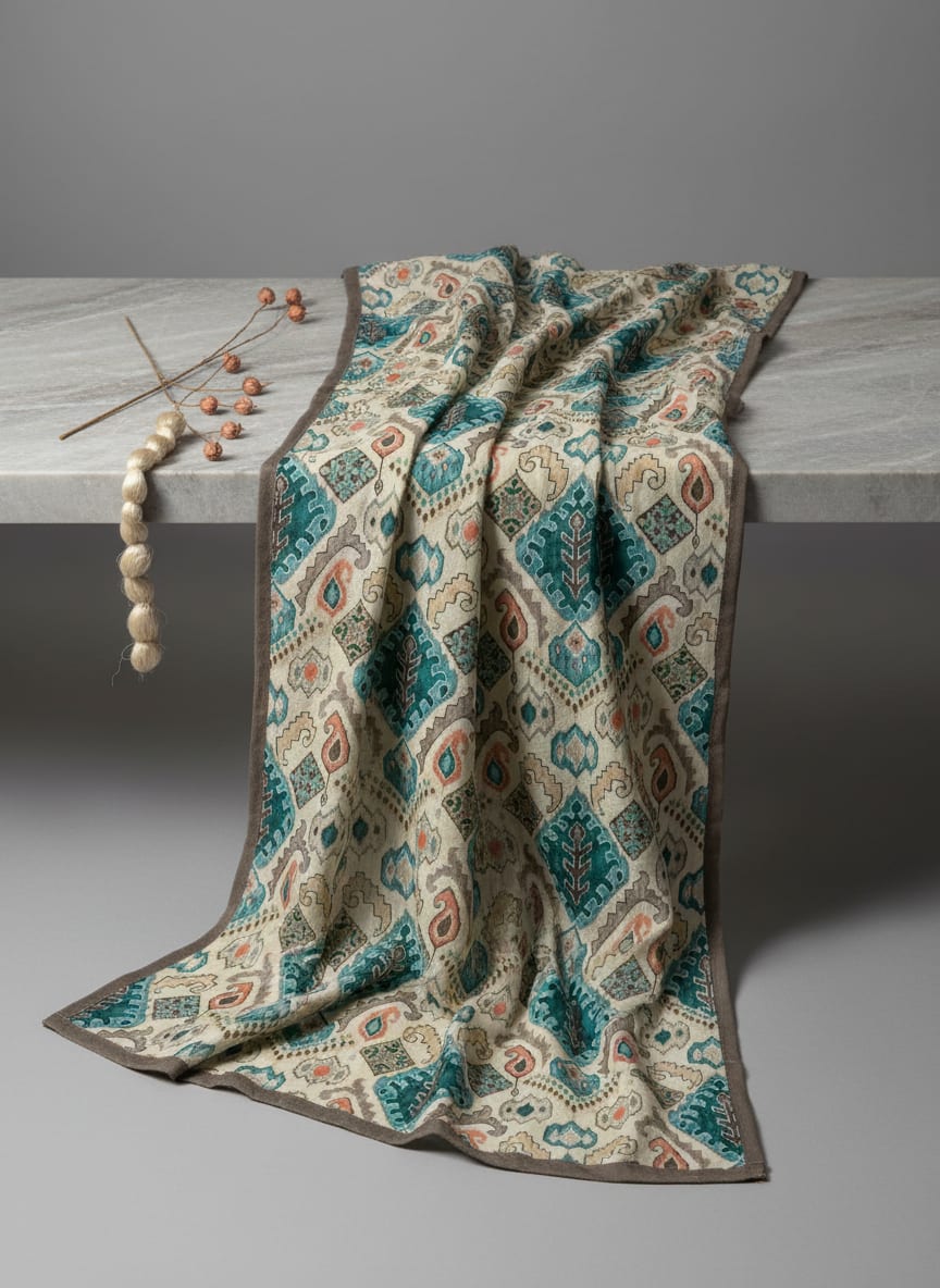 Multicolor Ethnic Geometric Paisley Upada Silk Digital Printed Fabric