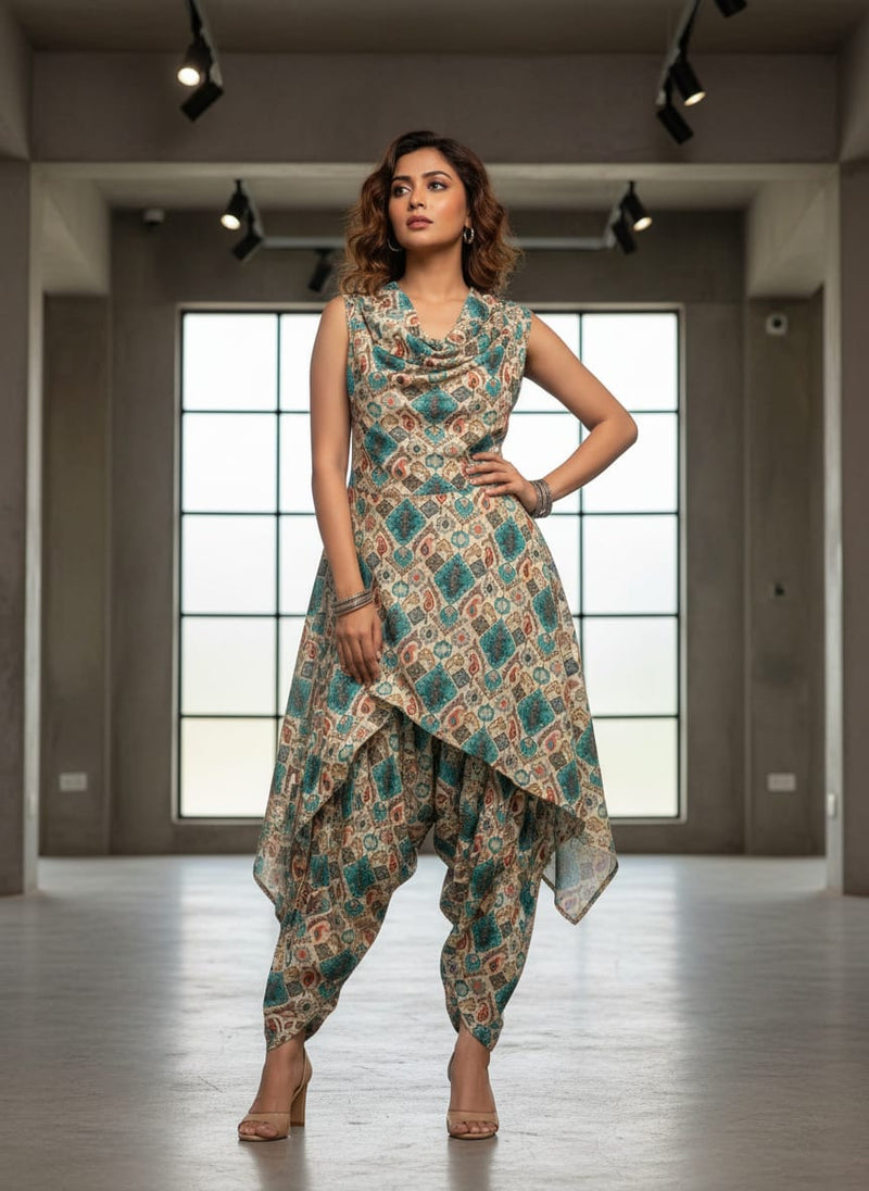 Multicolor Ethnic Geometric Paisley Upada Silk Digital Printed Fabric