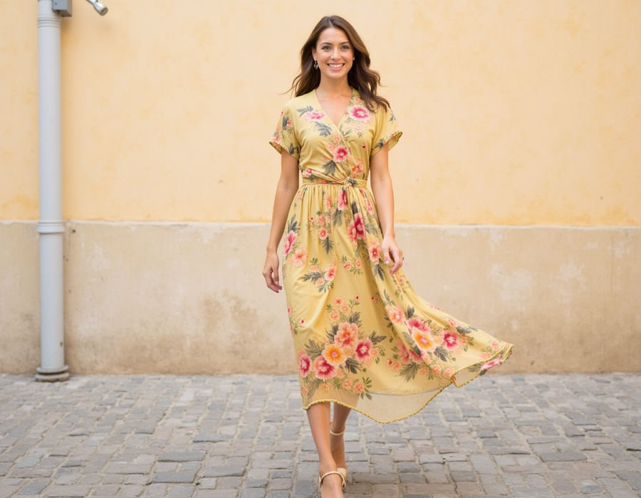 FAB VOGUE Studio - Digital Printed Chiffon Fabric - Yellow Floral Pattern