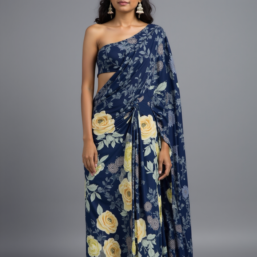 Elegant Floral Over Blue Base Digital Printed Fabric