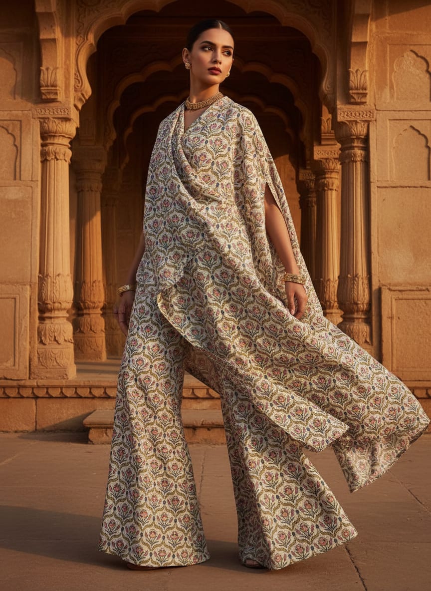 Multicolor Ethnic Floral Jaal Silk Crepe Digital Printed Fabric