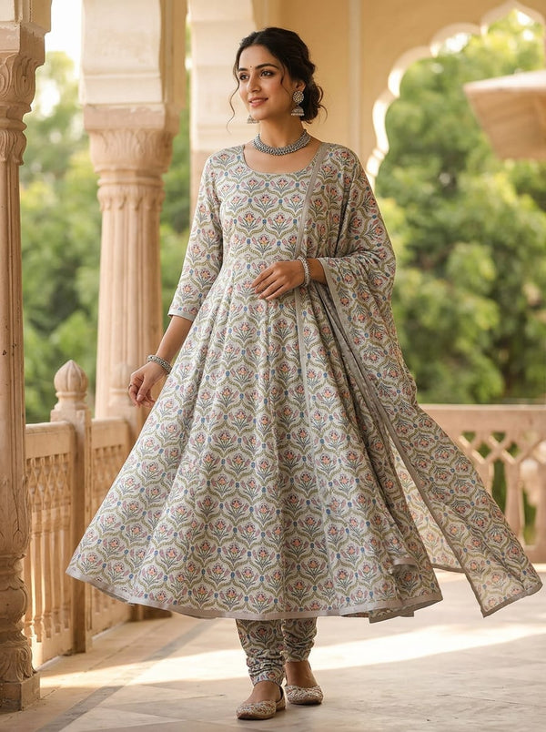 Multicolor Ethnic Floral Jaal Silk Crepe Digital Printed Fabric - Anarkali Kurta Set Lookbook - CR-0-TA0957-110 - alternate view