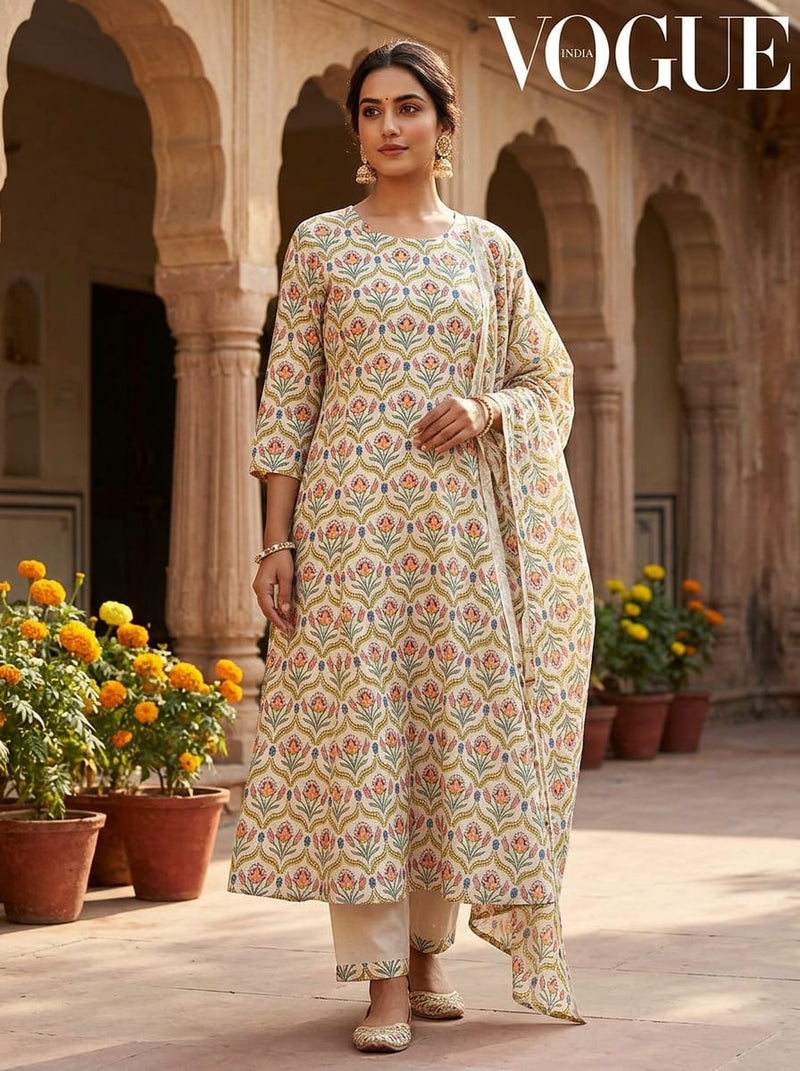 Multicolor Ethnic Floral Motif Kora Silk Digital Printed Fabric