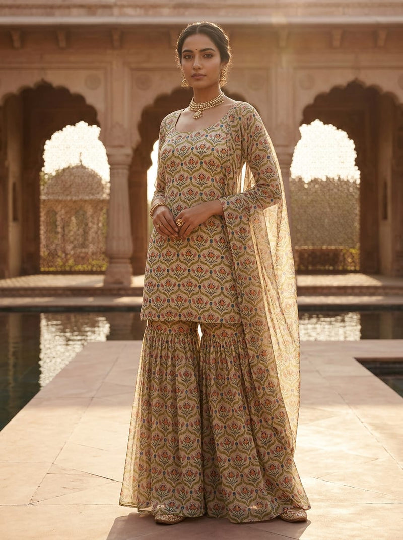 Multicolor Ethnic Indian Floral Damask Pure Chiffon Digital Printed Fabric