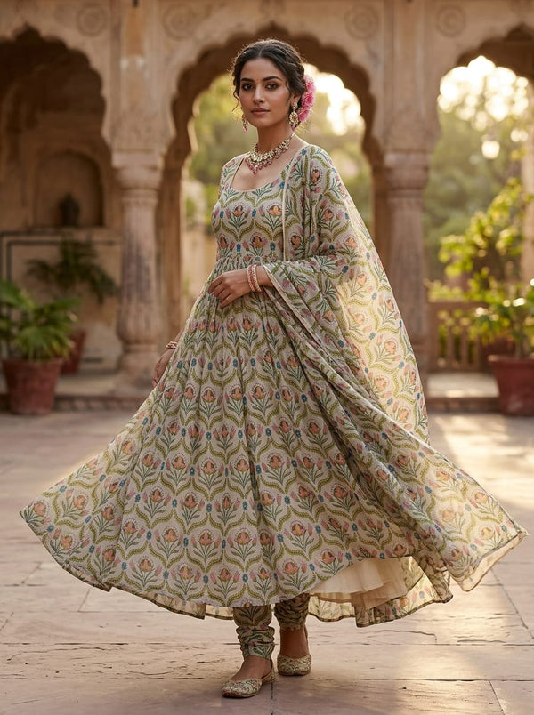 Multicolor Ethnic Indian Floral Damask Pure Chiffon Digital Printed Fabric - Anarkali Kurta Set Lookbook - PCH-0-TA0957-96 - alternate view