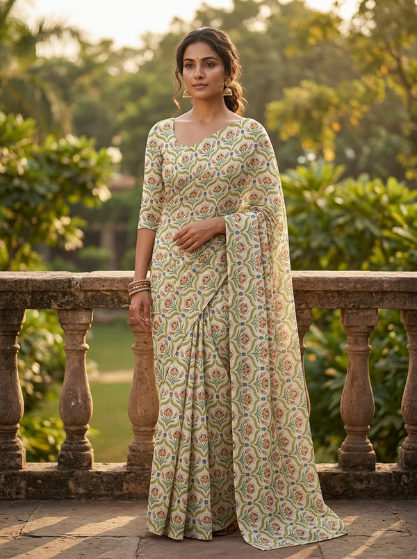Multicolor Ethnic Floral Damask Pure Chinon Digital Printed Fabric - Saree Lookbook - PC-0-TA0957-106 - alternate view