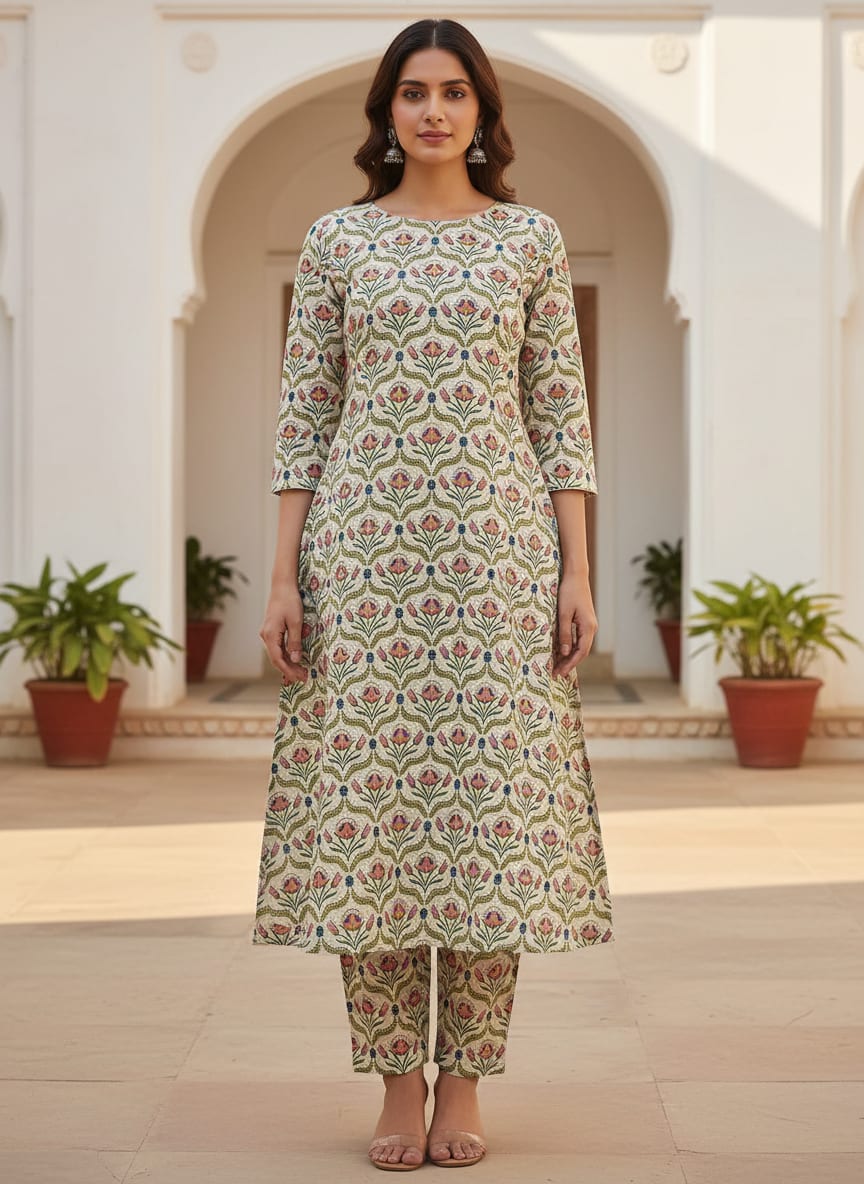 Multicolor Ethnic Floral Damask Pattern Pure Cotton Digital Printed Fabric