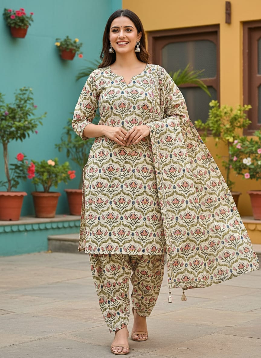 Multicolor Ethnic Floral Damask Pattern Pure Cotton Digital Printed Fabric