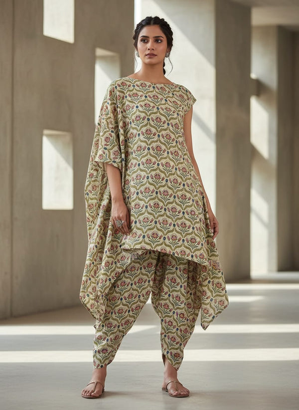 Multicolor Ethnic Floral Damask Pattern Pure Cotton Digital Printed Fabric - Asymmetric Tunic with Dhoti Pants Lookbook - PCO-1-TA0957-108 - alternate view