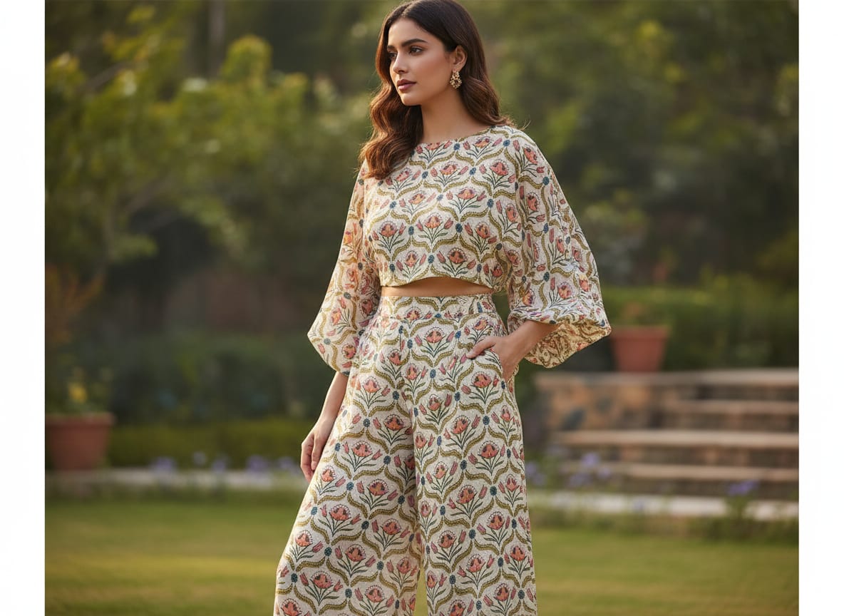 Green Leaves With Flower Digital Printed Fabric