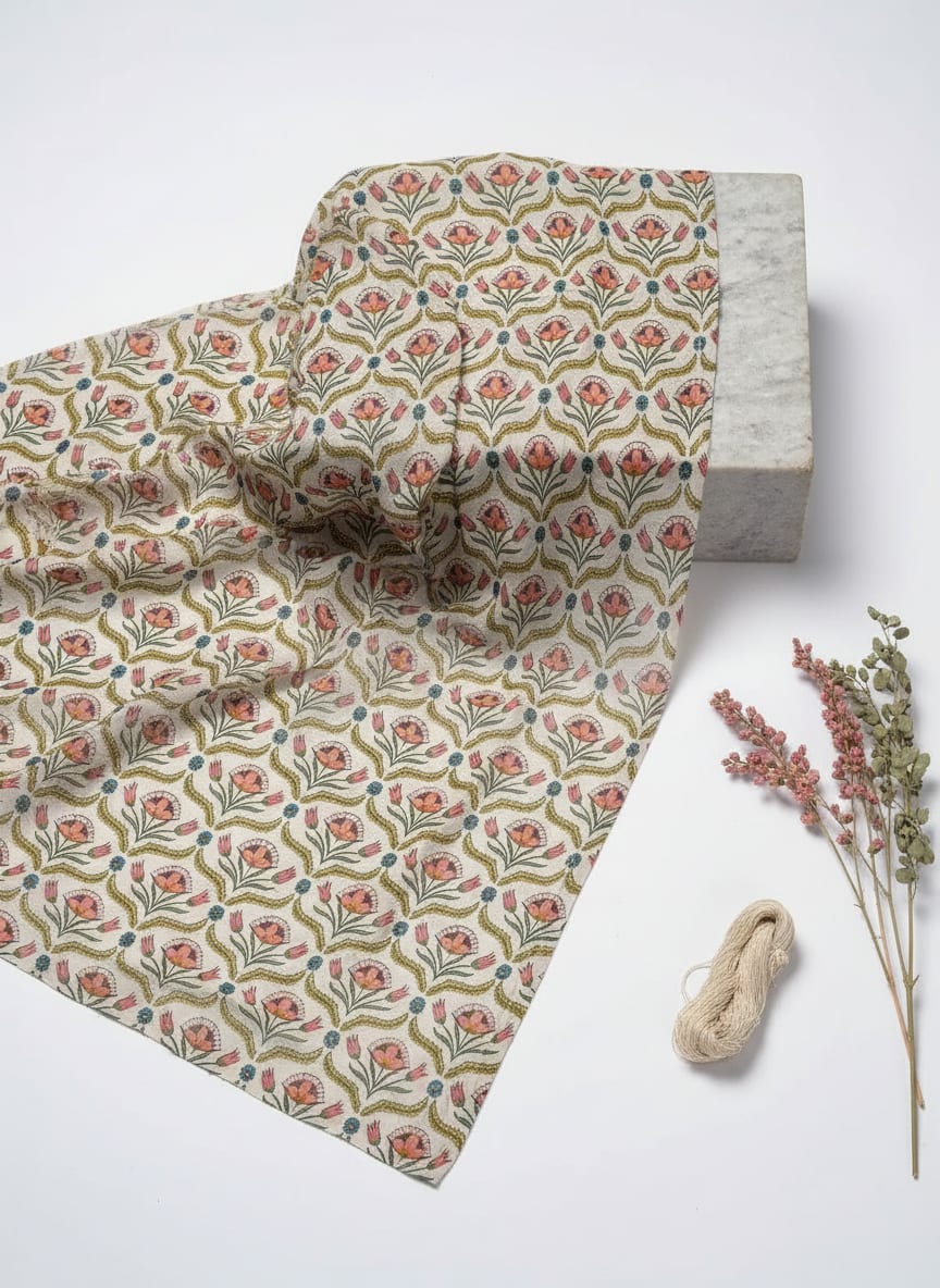 Green Leaves With Flower Digital Printed Fabric