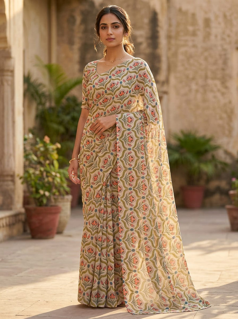 Multicolor Ethnic Floral Damask Pure Georgette Digital Printed Fabric