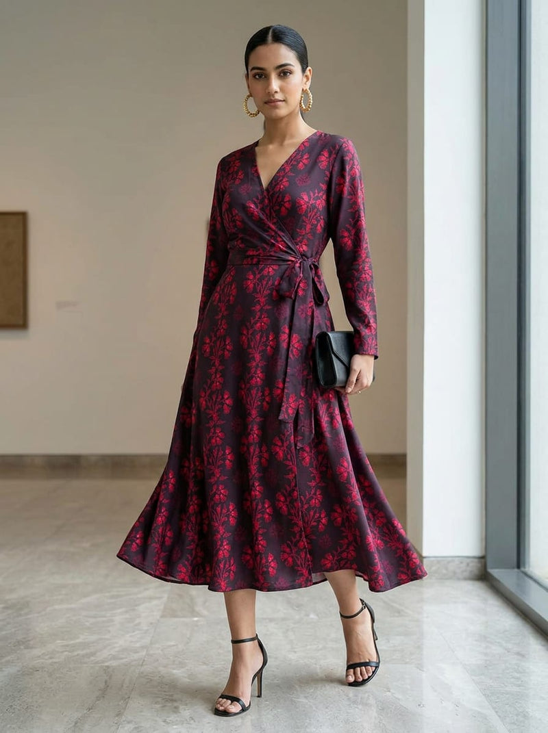 Black Red Ethnic Floral Silk Crepe Digital Printed Fabric