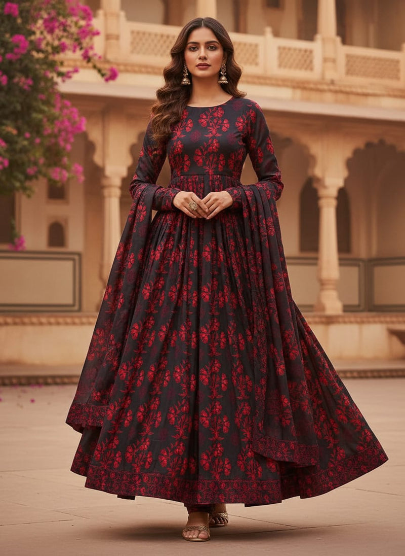 Black Red Ethnic Floral Silk Crepe Digital Printed Fabric