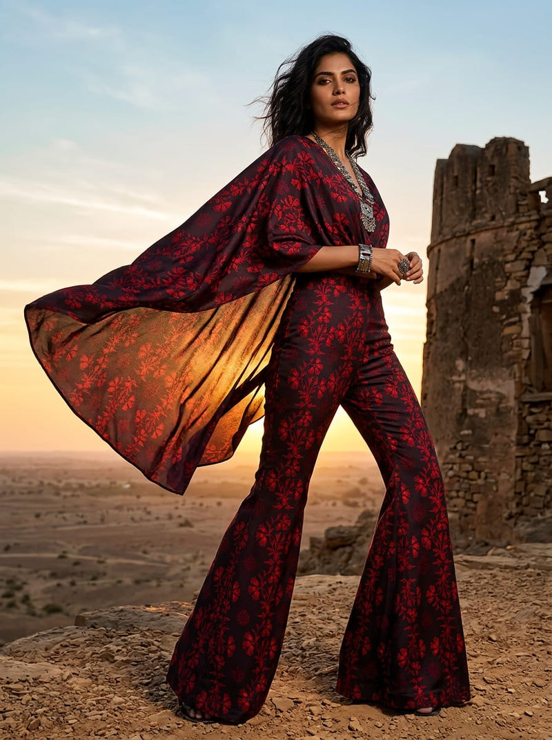 Black Red Ethnic Floral Silk Crepe Digital Printed Fabric