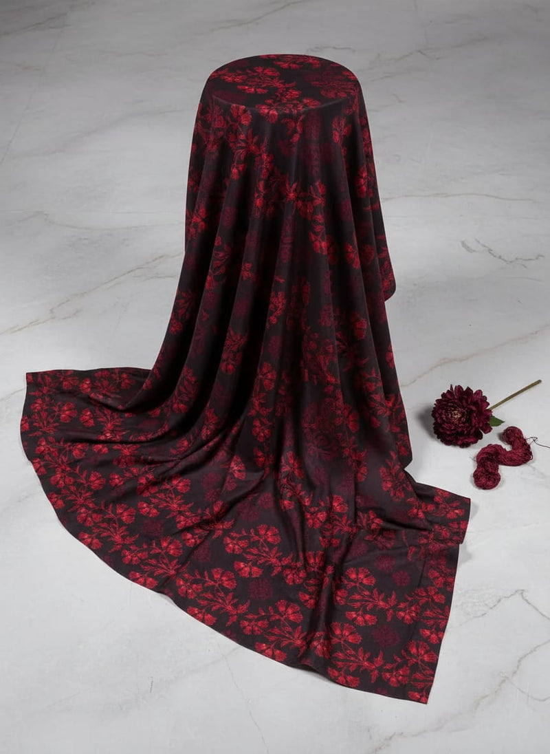 Black Red Ethnic Floral Silk Crepe Digital Printed Fabric