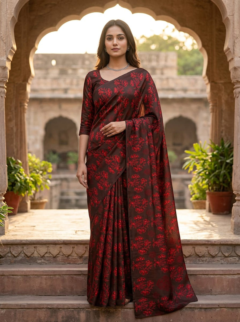 Brown Ethnic Floral Buti Print Kora Silk Digital Printed Fabric