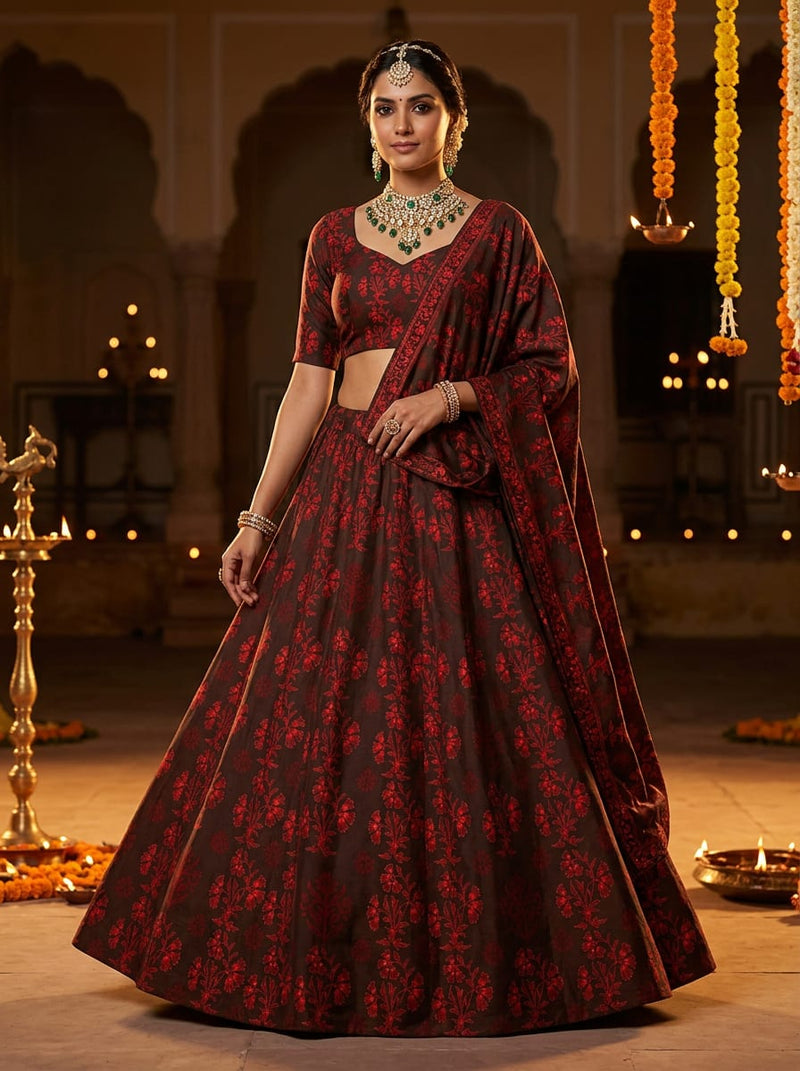 Brown Ethnic Floral Buti Print Kora Silk Digital Printed Fabric