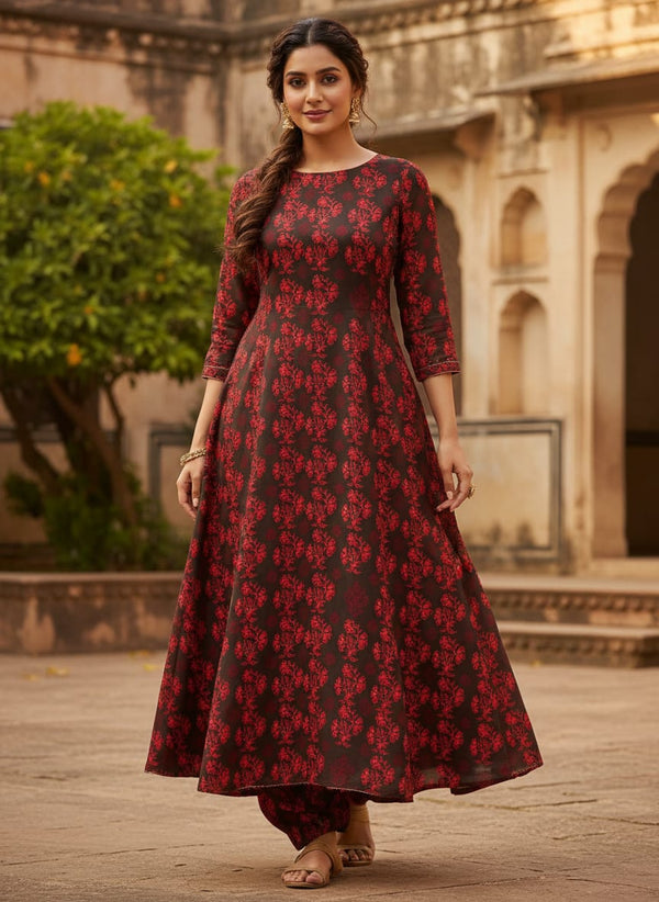Brown Ethnic Floral Buti Print Kora Silk Digital Printed Fabric - A-Line Kurta with Salwar Lookbook - KS-0-TA0848-110 - alternate view