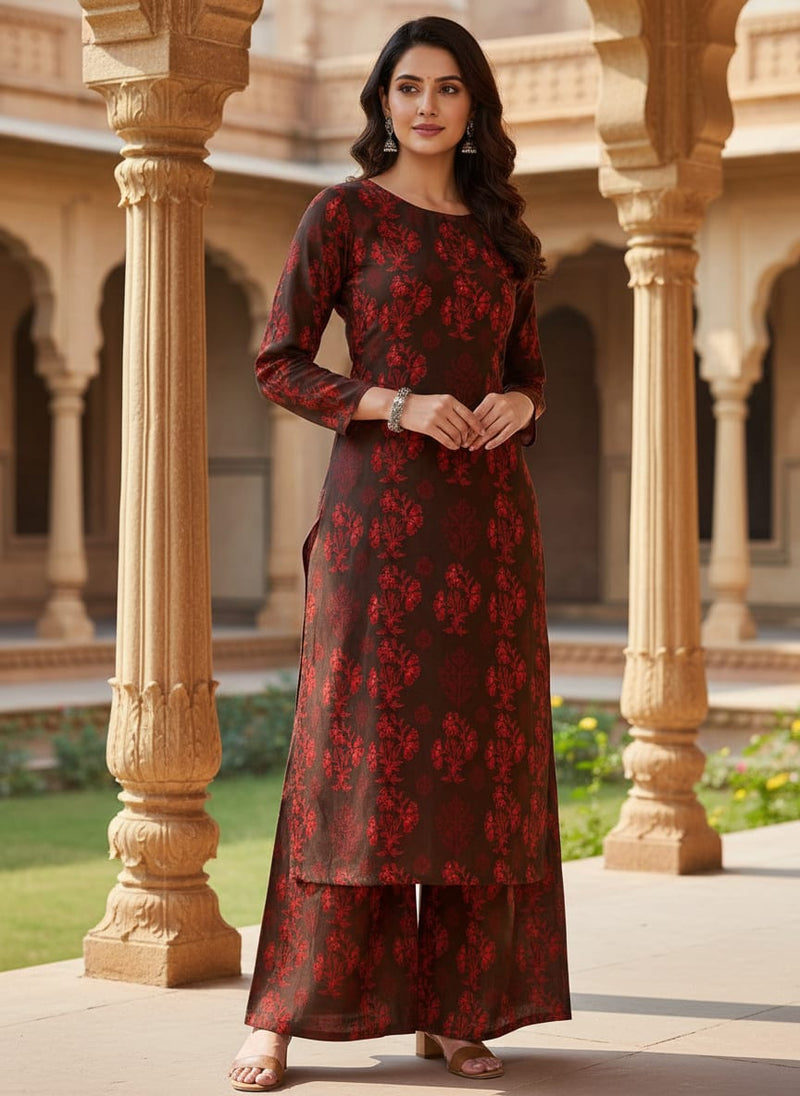 Brown Ethnic Floral Buti Print Muslin Digital Printed Fabric