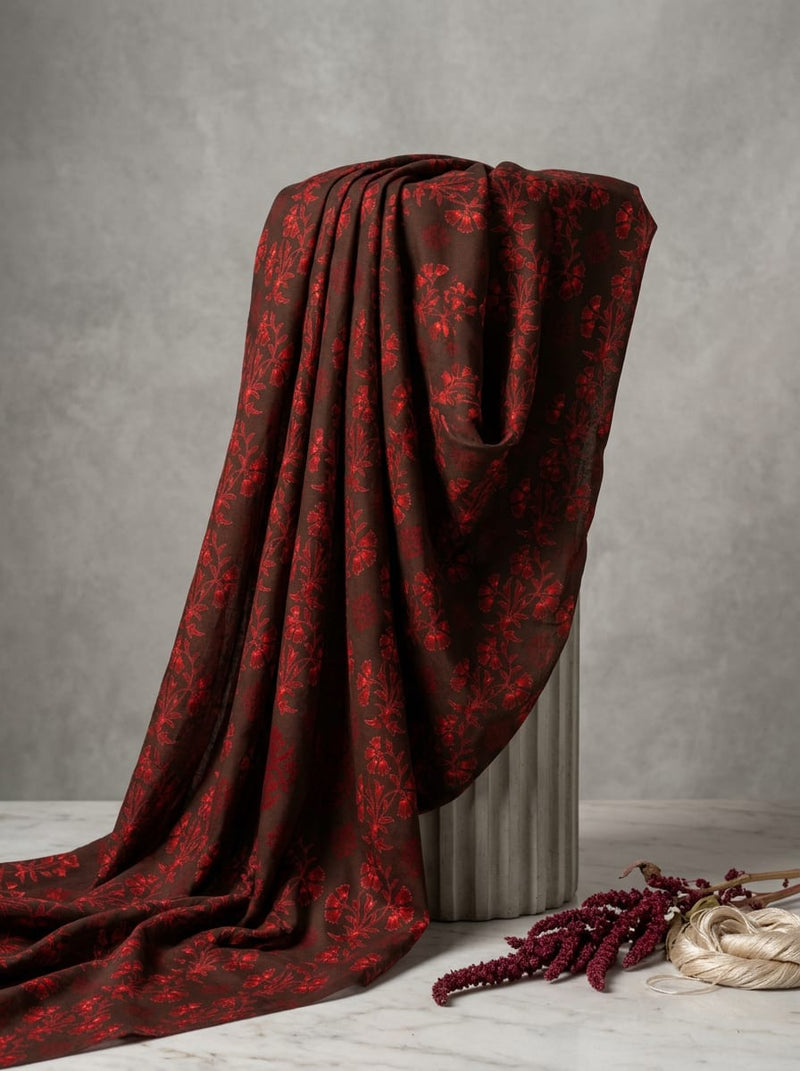 Brown Ethnic Floral Buti Print Muslin Digital Printed Fabric