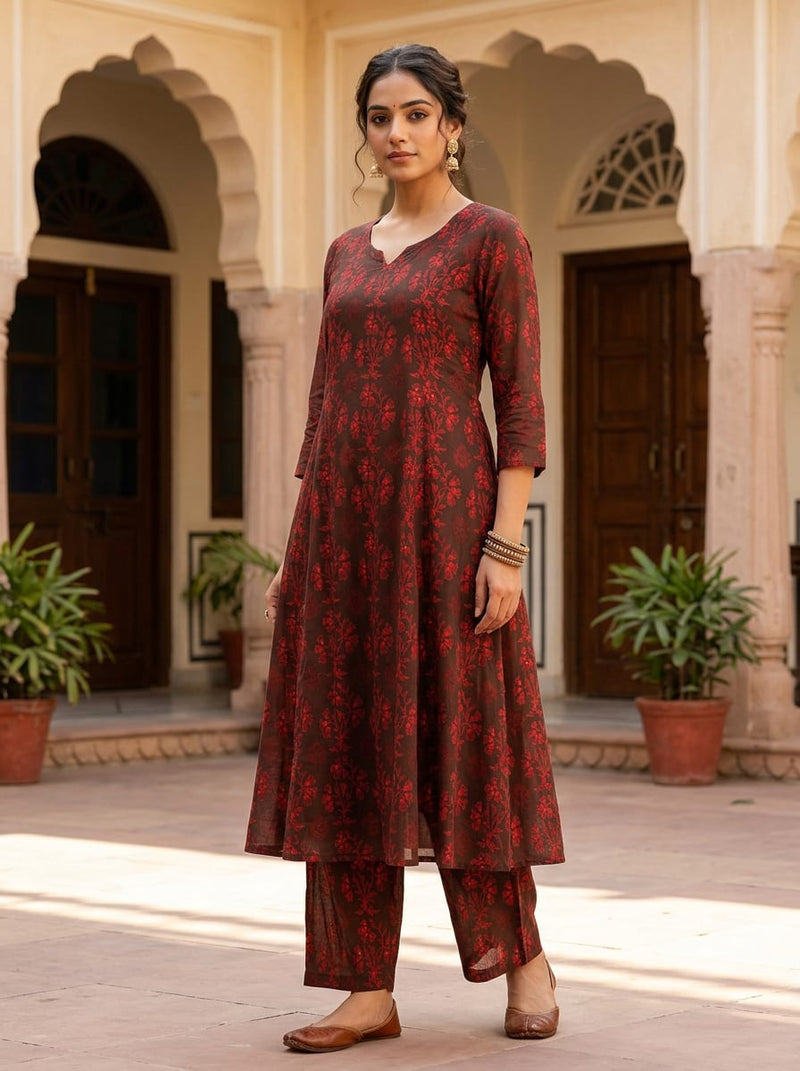 Brown Ethnic Floral Buti Print Muslin Digital Printed Fabric
