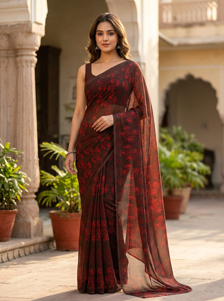 Brown Ethnic Floral Bouquet Pure Chiffon Digital Printed Fabric