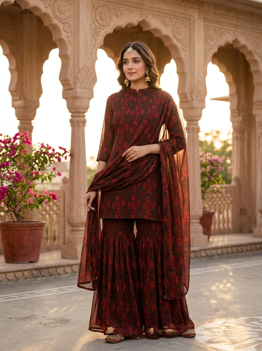 Brown Ethnic Floral Bouquet Pure Chiffon Digital Printed Fabric