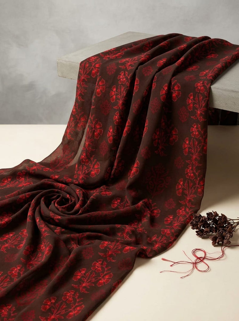 Brown Ethnic Floral Bouquet Pure Chiffon Digital Printed Fabric