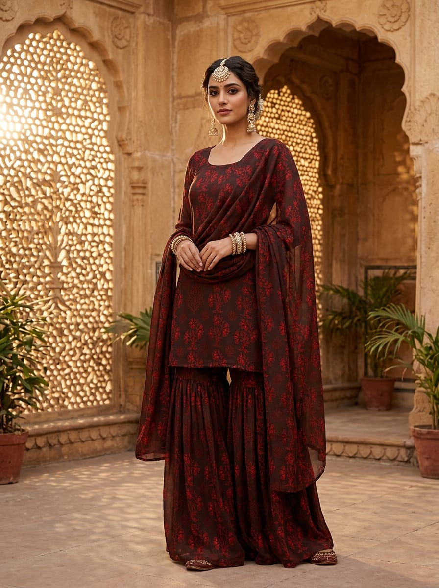 Brown Ethnic Floral Bouquet Pure Chiffon Digital Printed Fabric