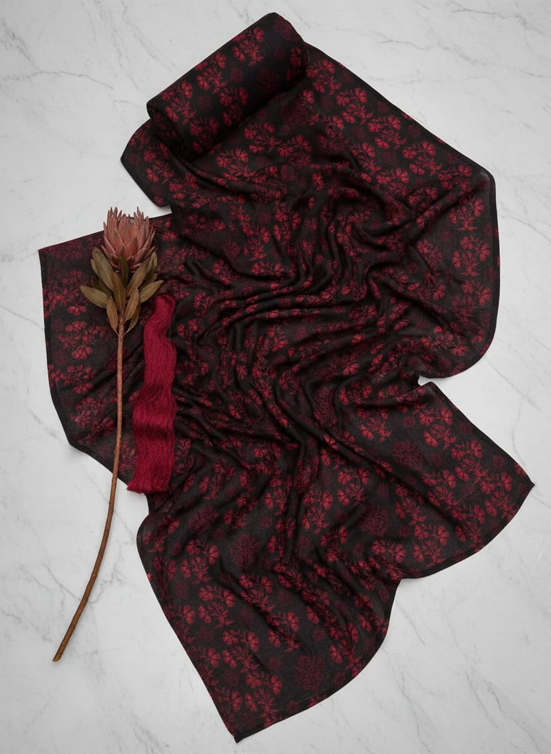 Black Small Red Floral Jaal Pure Chinon Digital Printed Fabric