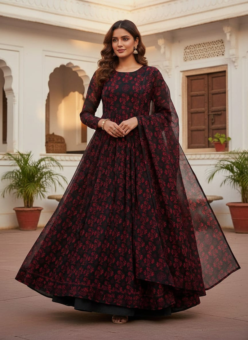 Black Small Red Floral Jaal Pure Chinon Digital Printed Fabric