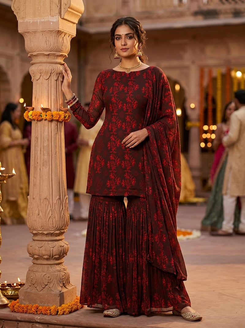 Brown Ethnic Floral Buti Pure Georgette Digital Printed Fabric
