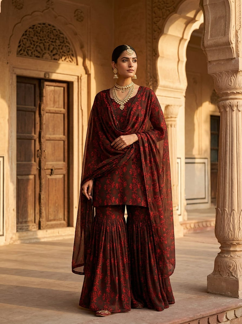Brown Ethnic Floral Buti Pure Georgette Digital Printed Fabric